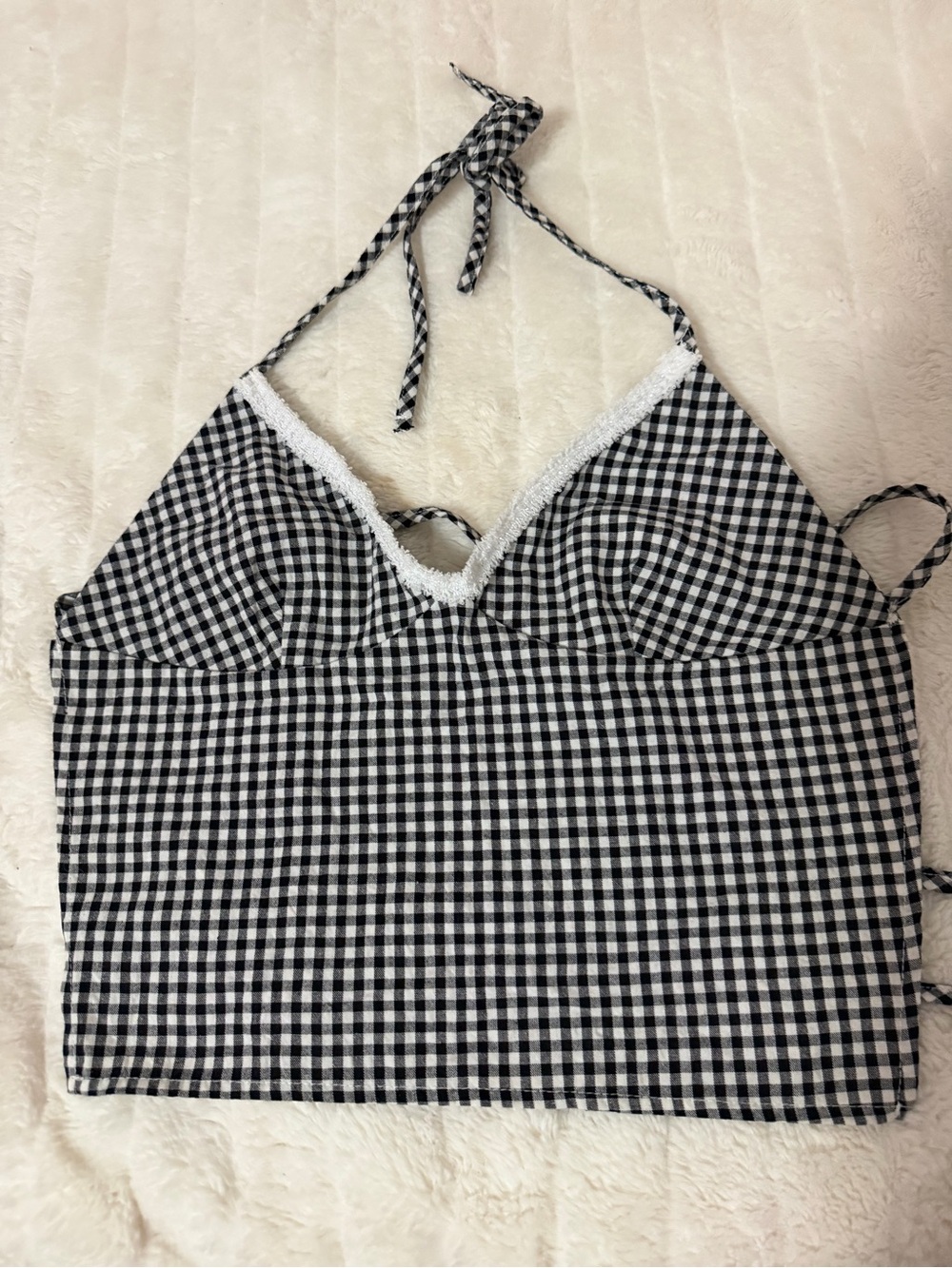 SHEIN Black & White Gingham Halter Lace-Trim Crop Top